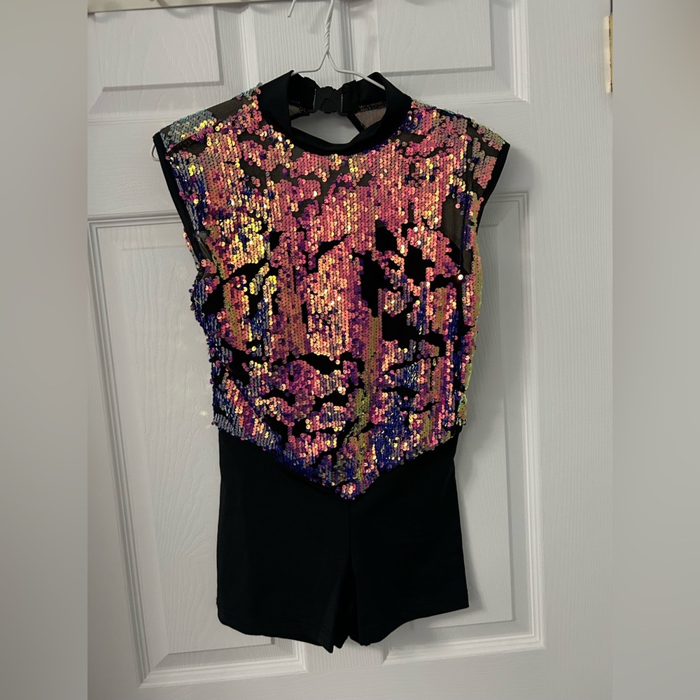 Girls Sequin Dance Costume - Black and Pink Sequin Top with black shorts